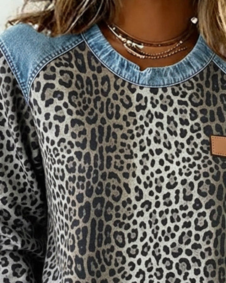 Damen Sweater Leopardenmuster Denim Patchwork Pullover Rundhals