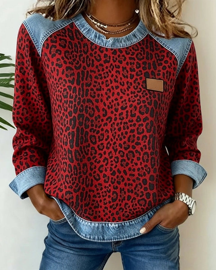 Damen Sweater Leopardenmuster Denim Patchwork Pullover Rundhals - Rot