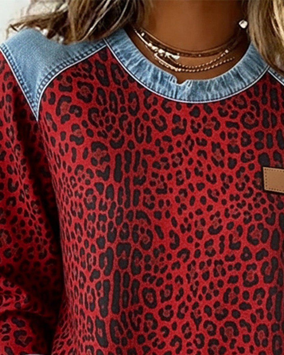 Damen Sweater Leopardenmuster Denim Patchwork Pullover Rundhals