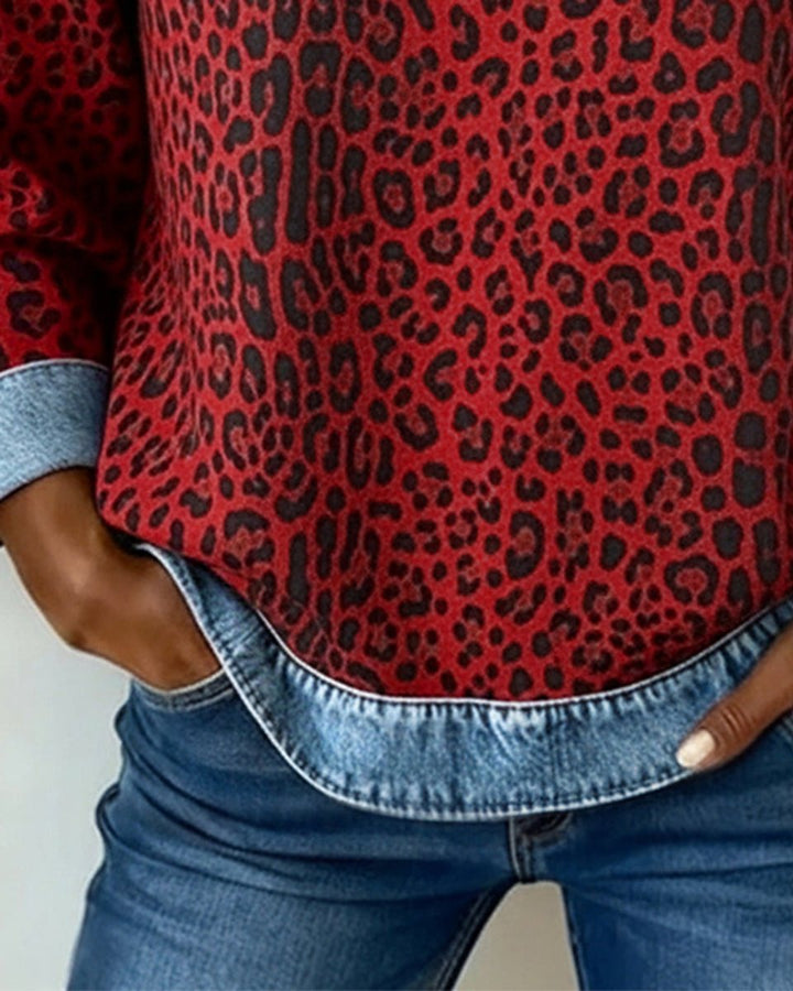 Damen Sweater Leopardenmuster Denim Patchwork Pullover Rundhals