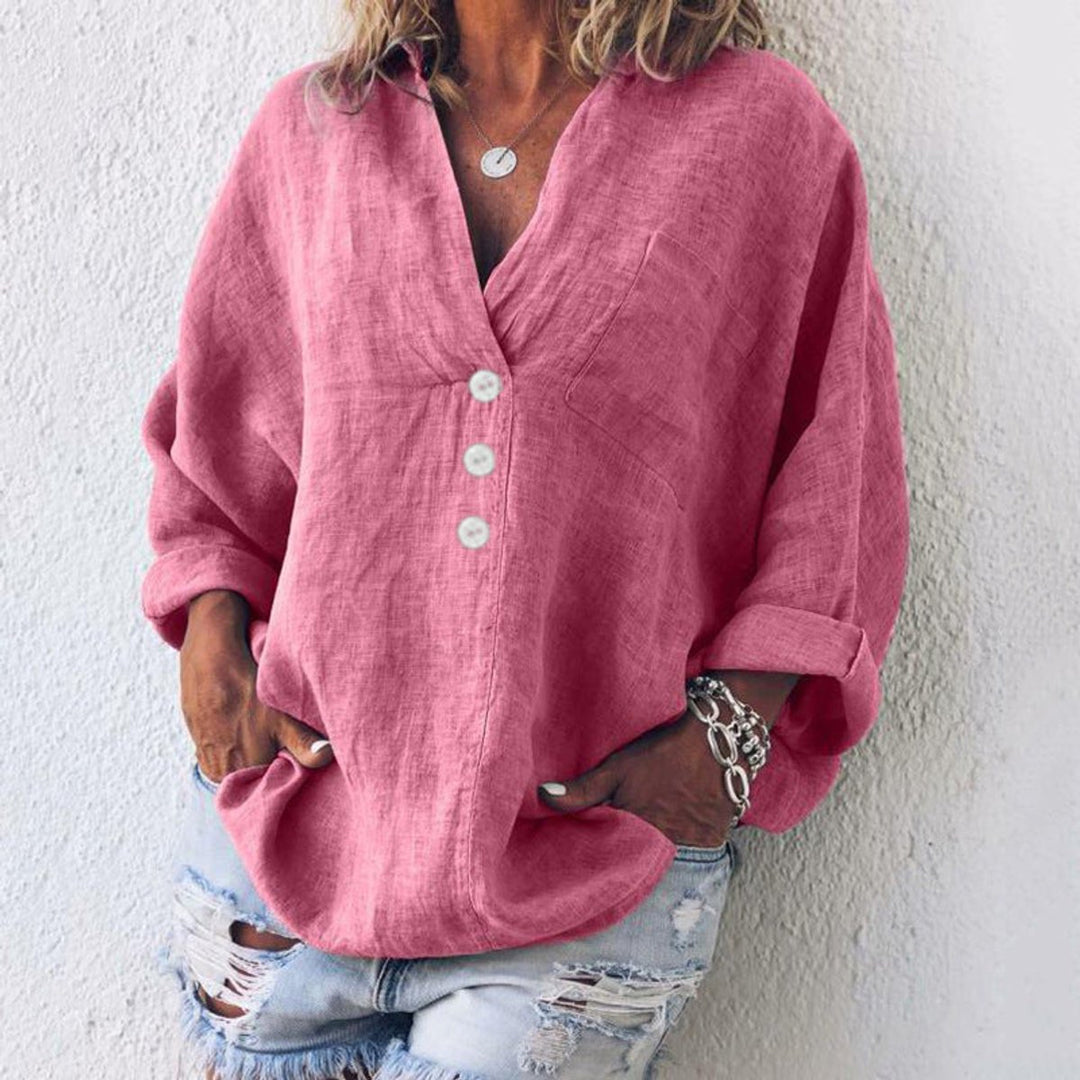 Damen Sweater Lässige Baumwoll-Leinen Bluse V-Ausschnitt Langarm - Rosa
