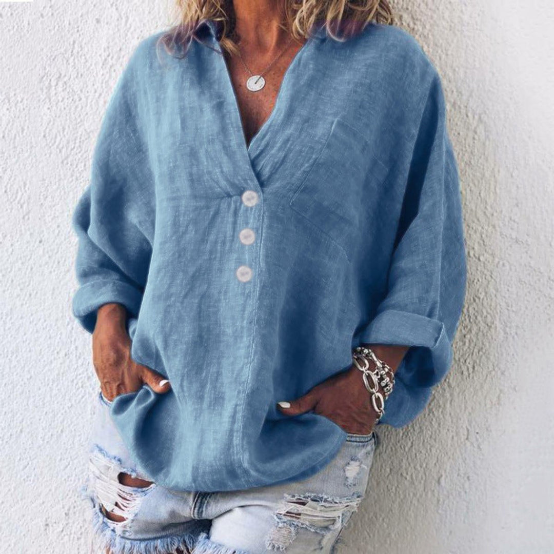 Damen Sweater Lässige Baumwoll-Leinen Bluse V-Ausschnitt Langarm - Blau