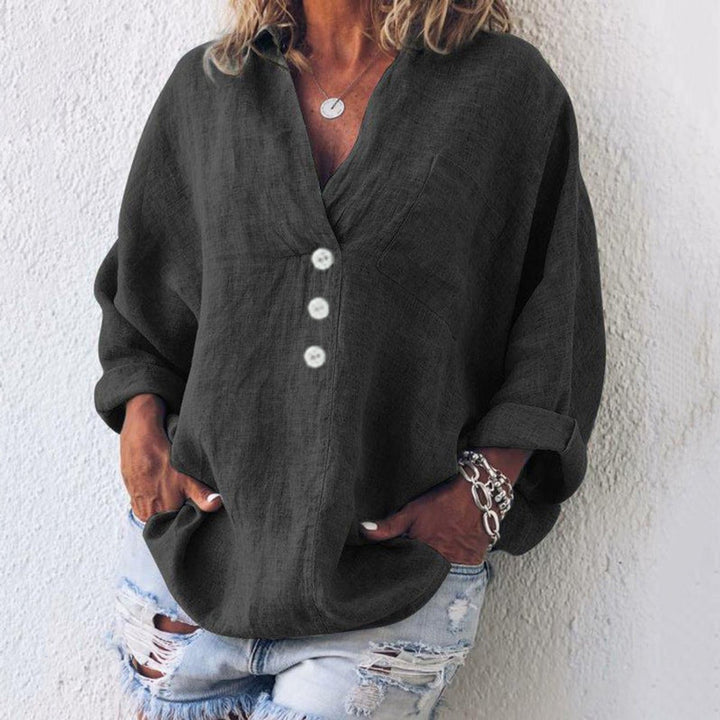 Damen Sweater Lässige Baumwoll-Leinen Bluse V-Ausschnitt Langarm - Schwarz