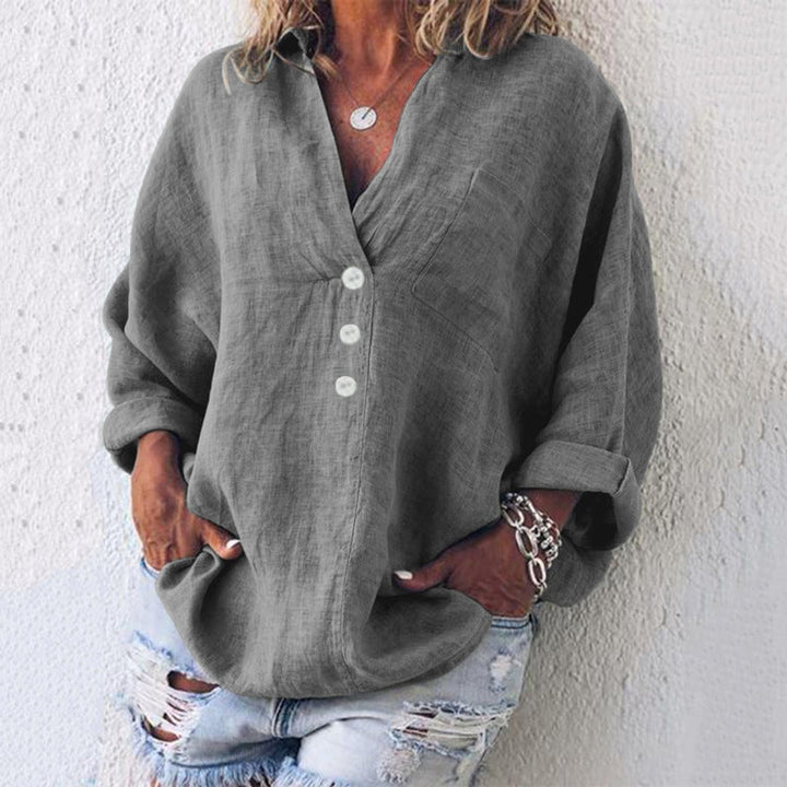 Damen Sweater Lässige Baumwoll-Leinen Bluse V-Ausschnitt Langarm - Grau