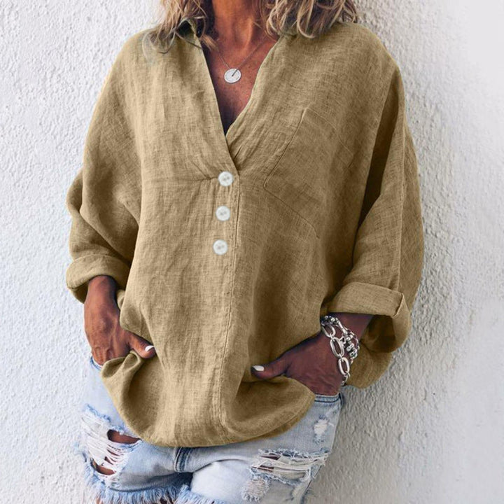 Damen Sweater Lässige Baumwoll-Leinen Bluse V-Ausschnitt Langarm - Khaki