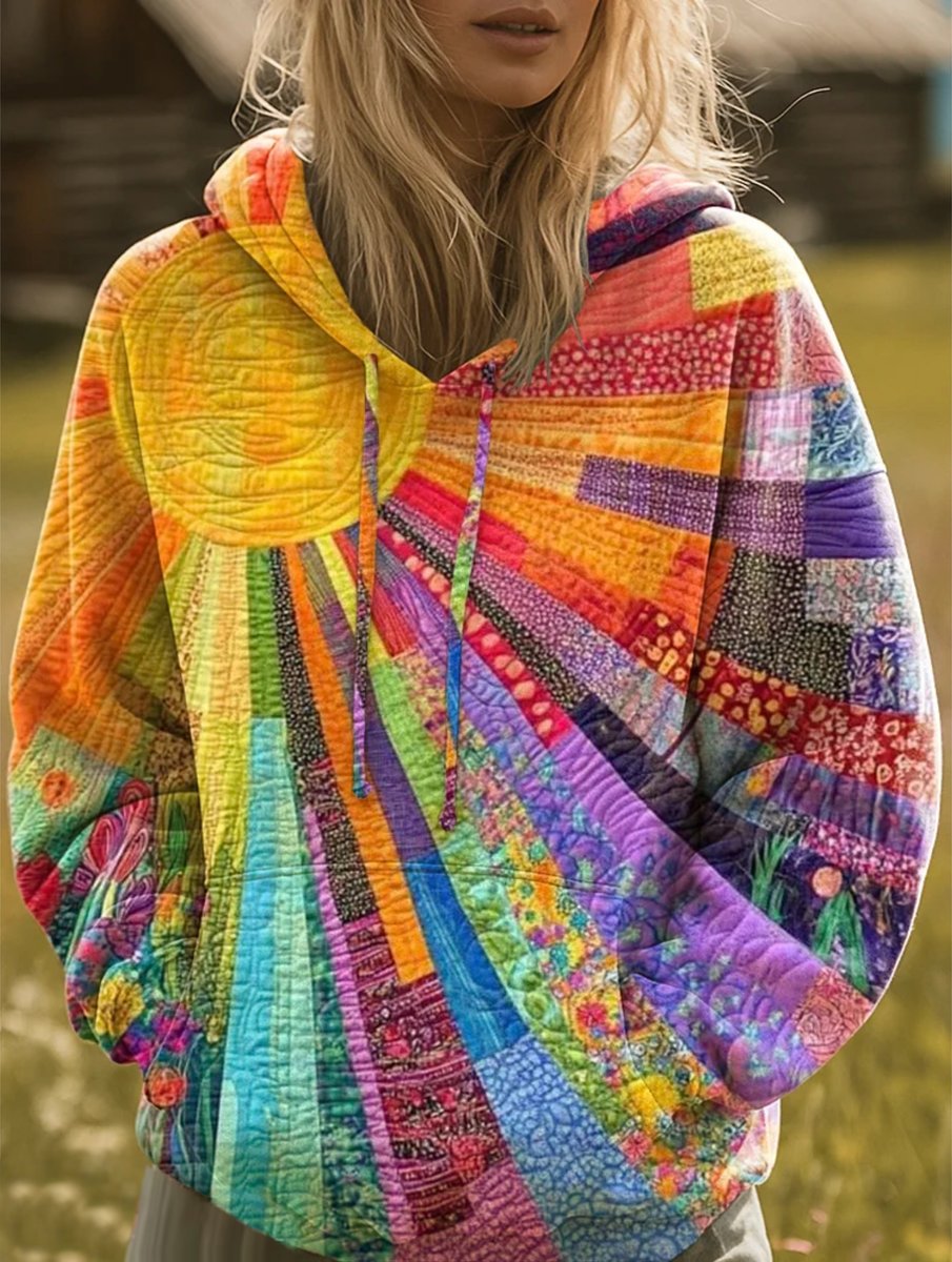 Damen Sweater Patchwork Kapuzenpullover Bohemian Sonnenmuster - Mehrfarbig