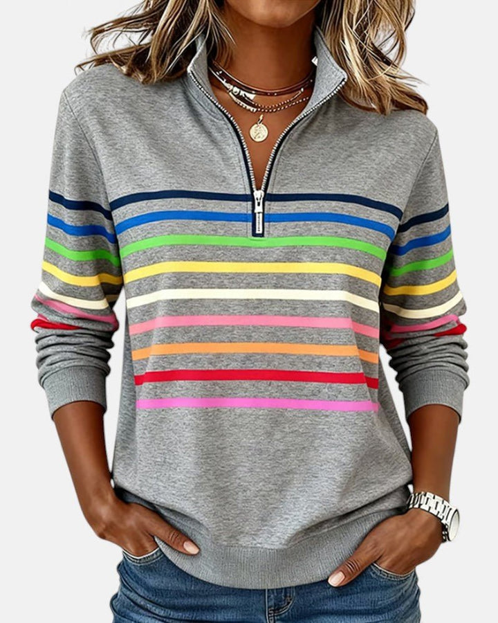 Damen Sweatshirt Gestreift Reißverschluss Regenbogen - Gray