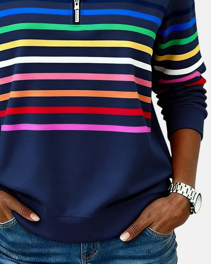 Damen Sweatshirt Gestreift Reißverschluss Regenbogen