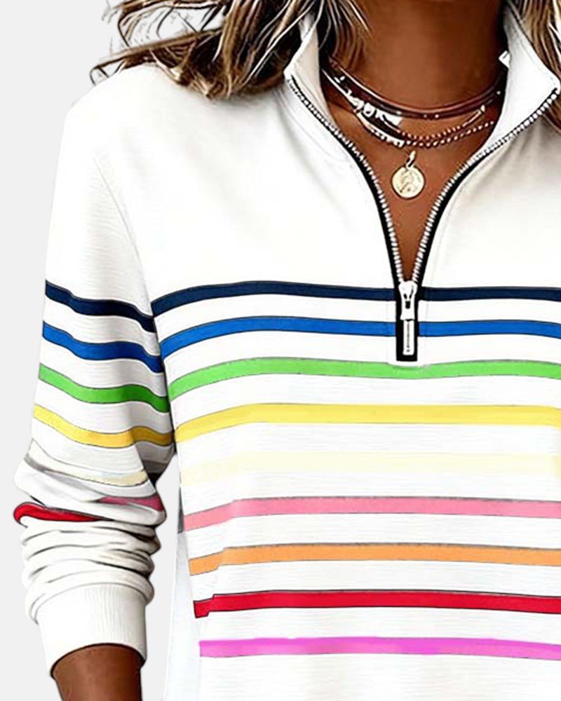 Damen Sweatshirt Gestreift Reißverschluss Regenbogen