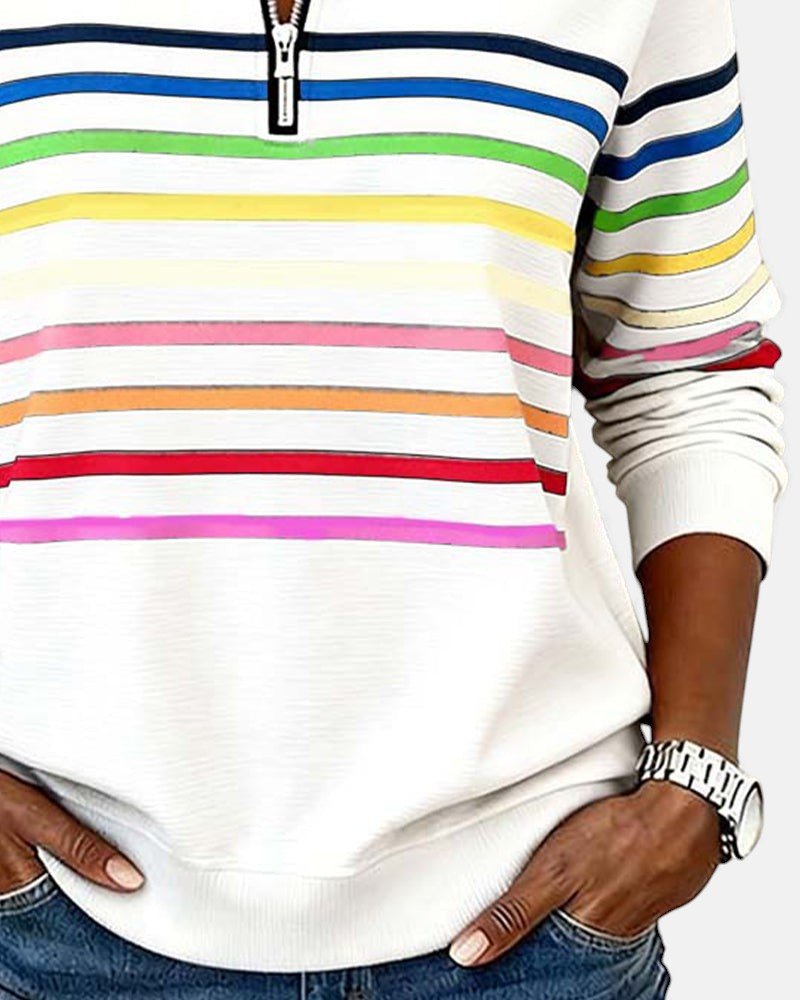 Damen Sweatshirt Gestreift Reißverschluss Regenbogen