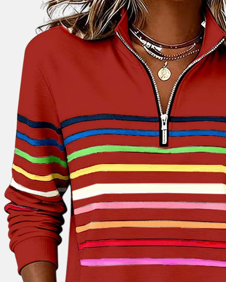 Damen Sweatshirt Gestreift Reißverschluss Regenbogen