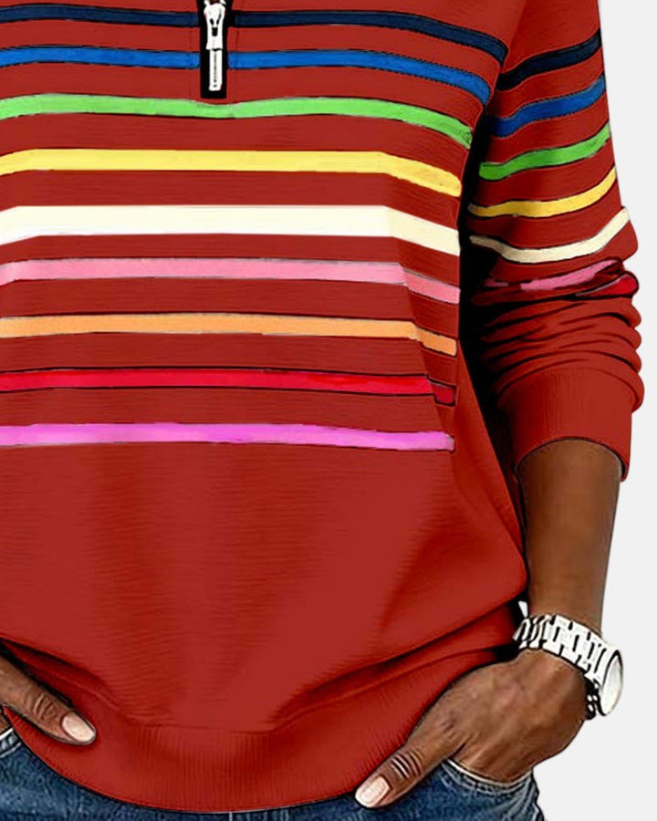 Damen Sweatshirt Gestreift Reißverschluss Regenbogen