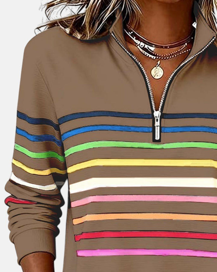 Damen Sweatshirt Gestreift Reißverschluss Regenbogen
