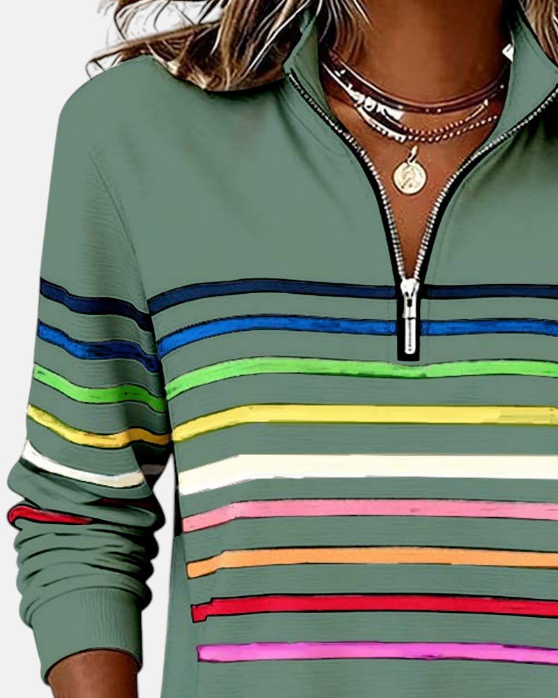 Damen Sweatshirt Gestreift Reißverschluss Regenbogen