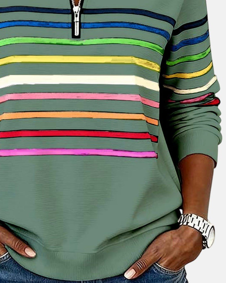 Damen Sweatshirt Gestreift Reißverschluss Regenbogen