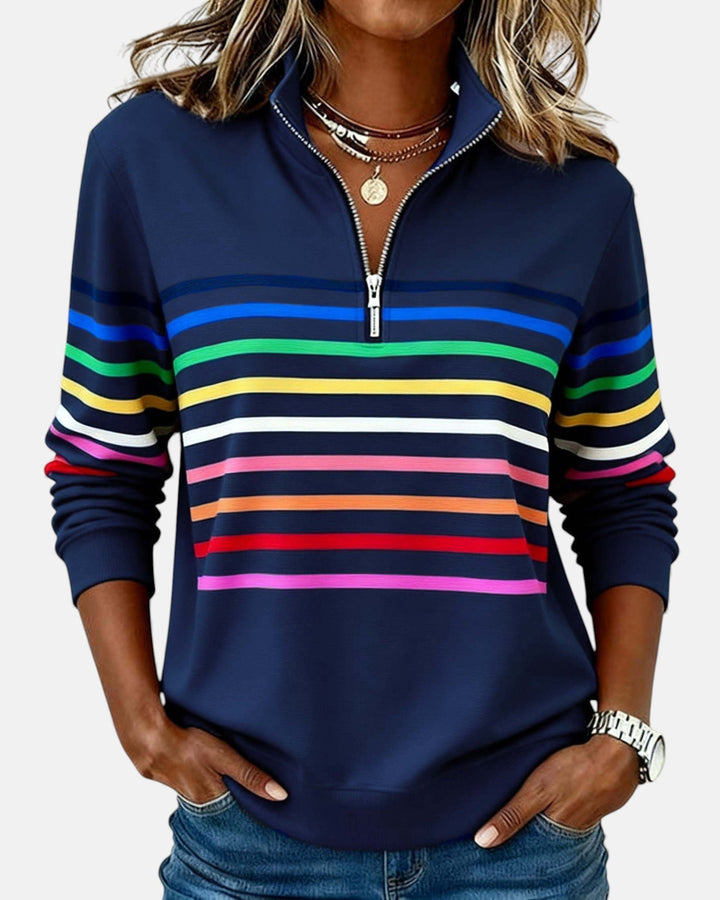 Damen Sweatshirt Gestreift Reißverschluss Regenbogen - Navy Blue