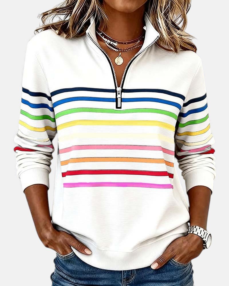 Damen Sweatshirt Gestreift Reißverschluss Regenbogen - White