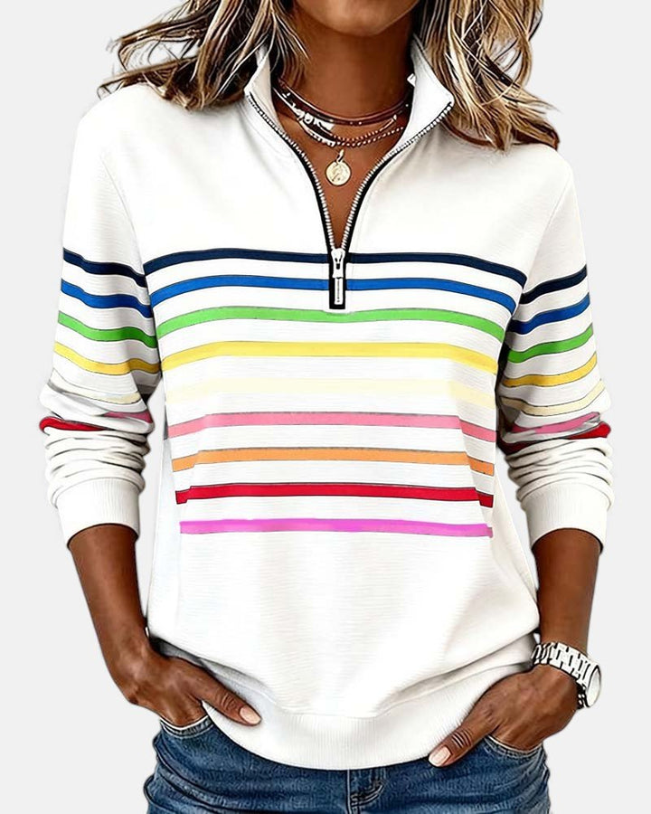 Damen Sweatshirt Gestreift Reißverschluss Regenbogen - White