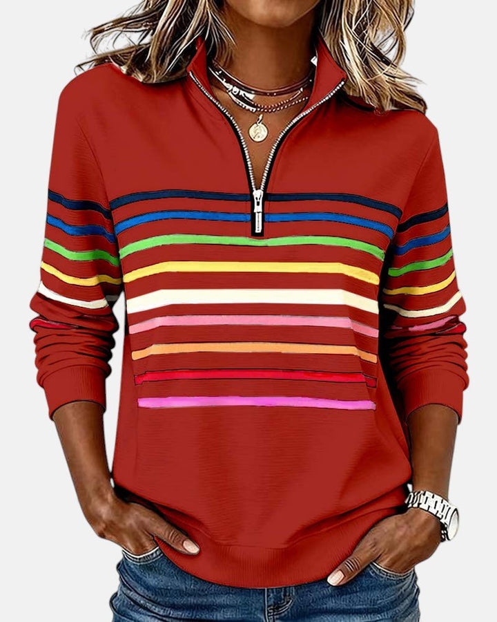 Damen Sweatshirt Gestreift Reißverschluss Regenbogen - Red