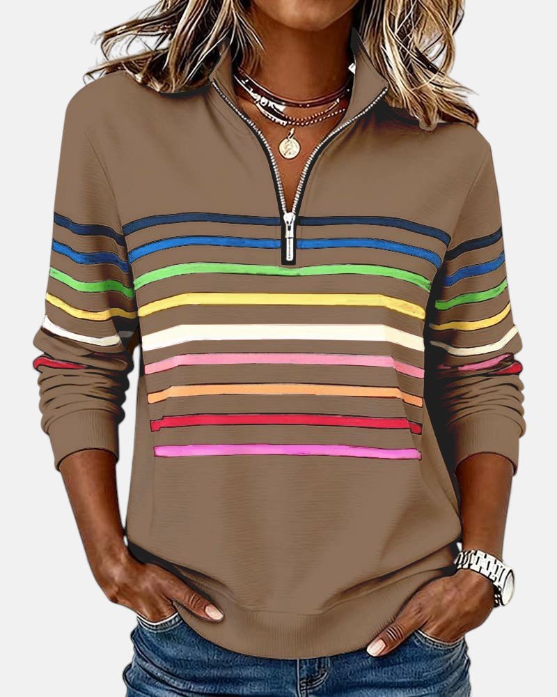 Damen Sweatshirt Gestreift Reißverschluss Regenbogen - Khaki