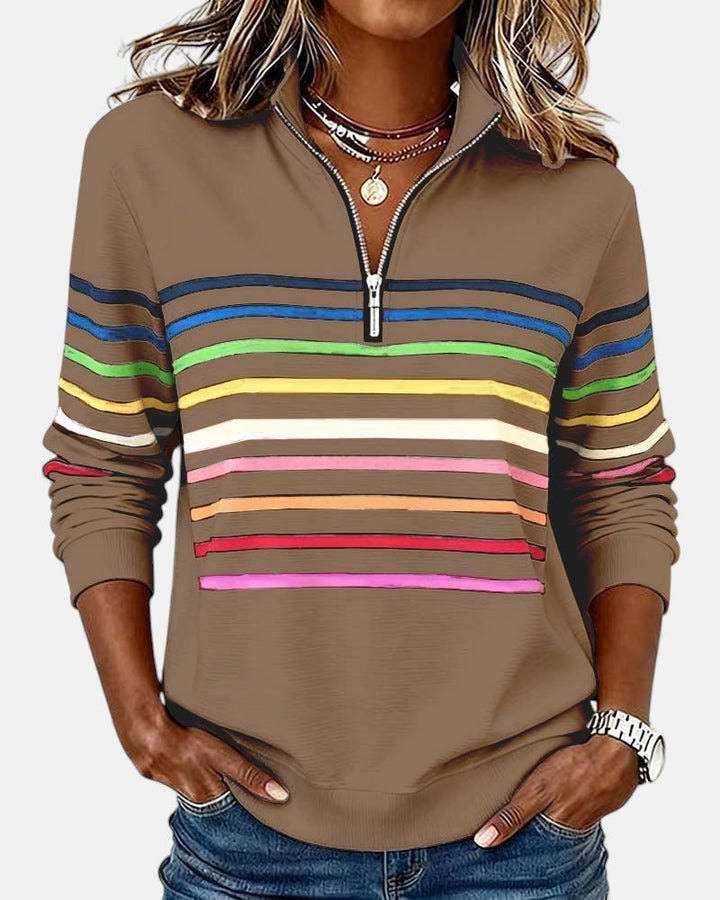 Damen Sweatshirt Gestreift Reißverschluss Regenbogen - Khaki