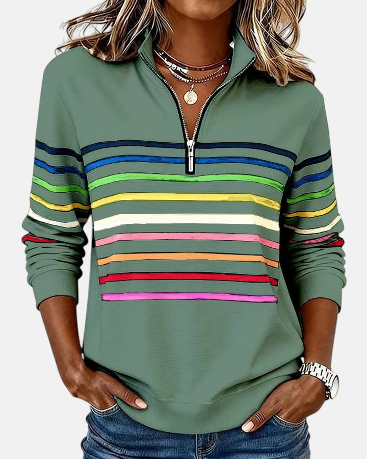 Damen Sweatshirt Gestreift Reißverschluss Regenbogen - Green