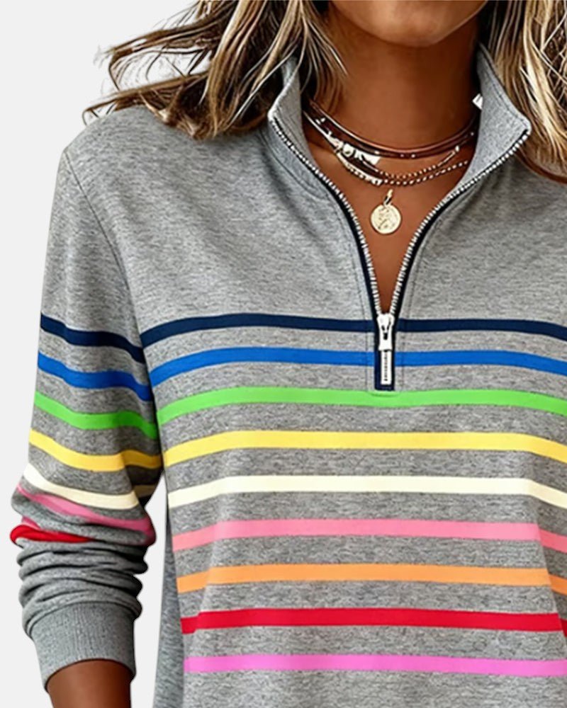 Damen Sweatshirt Gestreift Reißverschluss Regenbogen