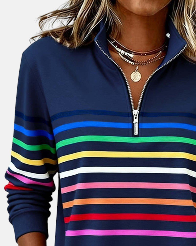 Damen Sweatshirt Gestreift Reißverschluss Regenbogen
