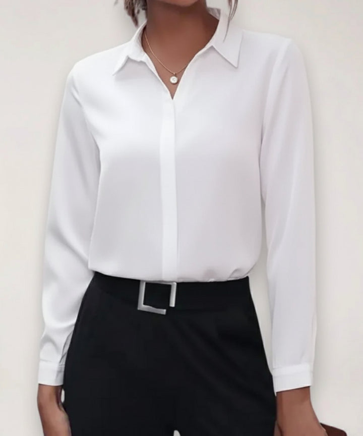Damen Taillierte Langarm-Bluse mit Knopfleiste für das Büro - Weiß