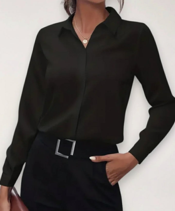Damen Taillierte Langarm-Bluse mit Knopfleiste für das Büro - Schwarz