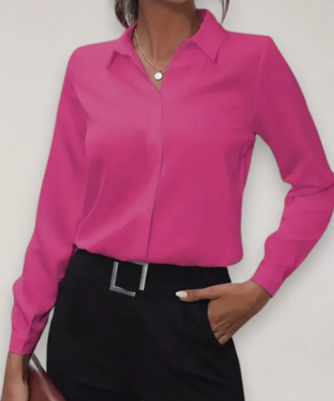 Damen Taillierte Langarm-Bluse mit Knopfleiste für das Büro - Knallrosa
