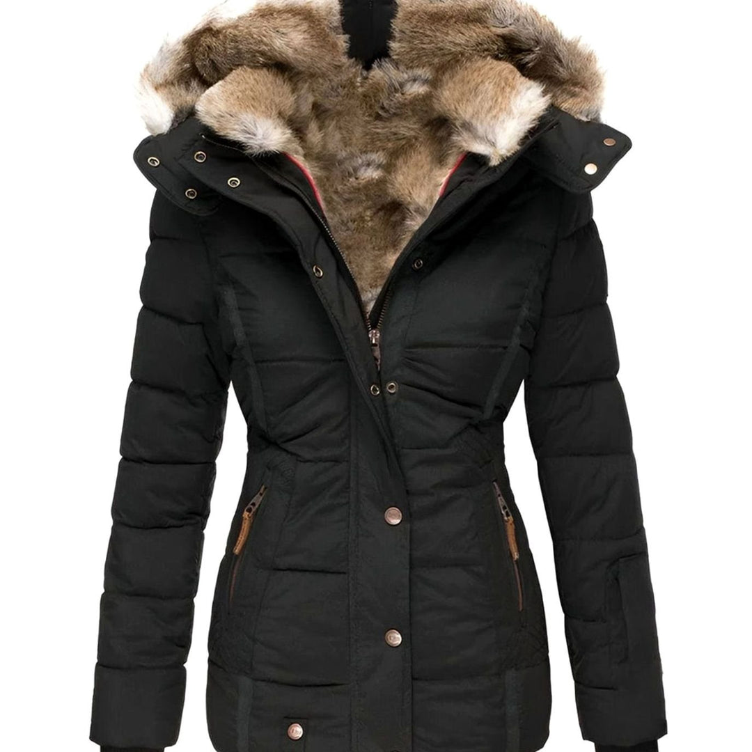 Damen Taillierte Steppjacke mit Kapuze Kunstfell-Besatz Winterjacke - Schwarz