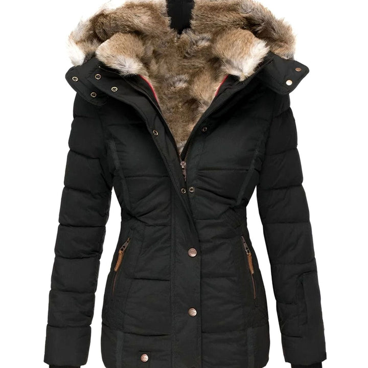 Damen Taillierte Steppjacke mit Kapuze Kunstfell-Besatz Winterjacke - Schwarz