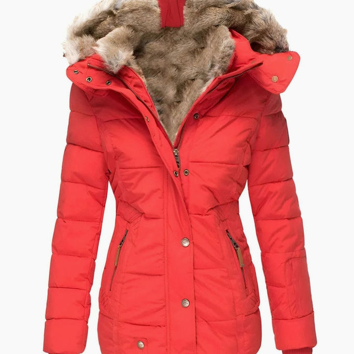 Damen Taillierte Steppjacke mit Kapuze Kunstfell-Besatz Winterjacke - Rot