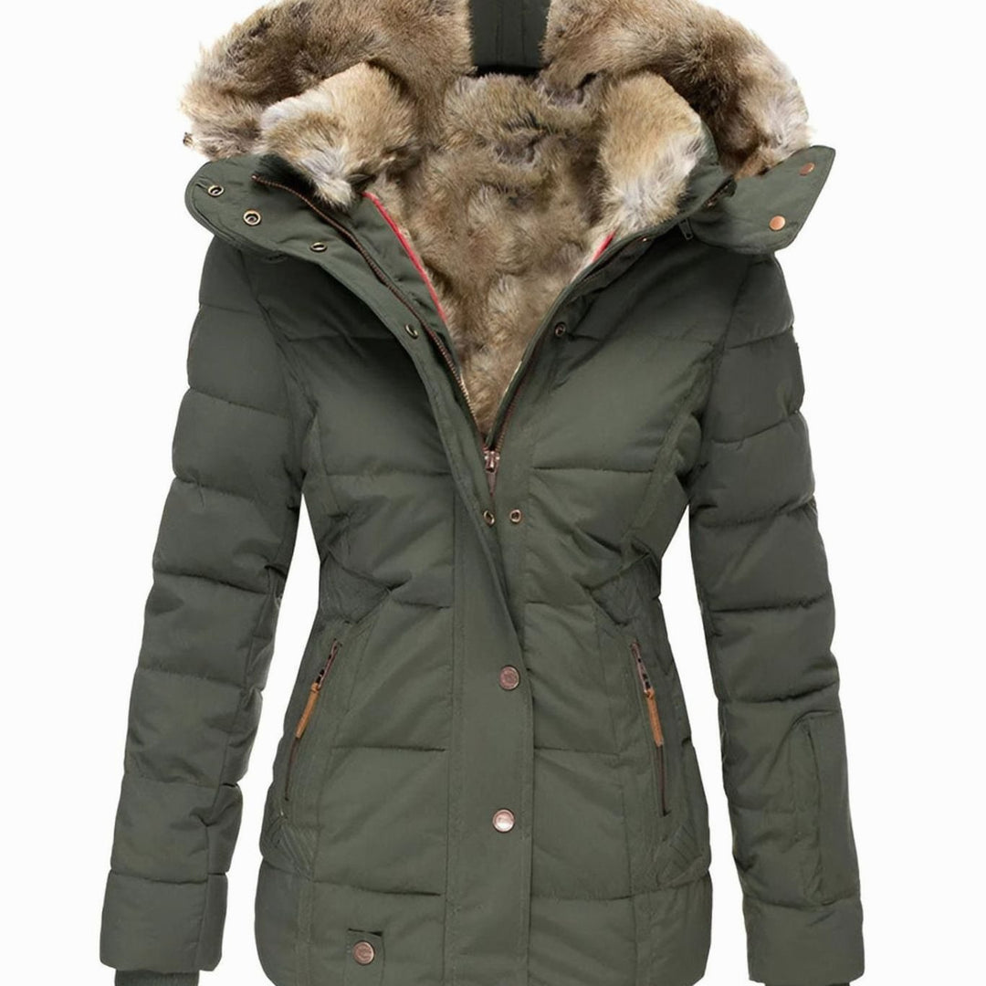 Damen Taillierte Steppjacke mit Kapuze Kunstfell-Besatz Winterjacke - Grün