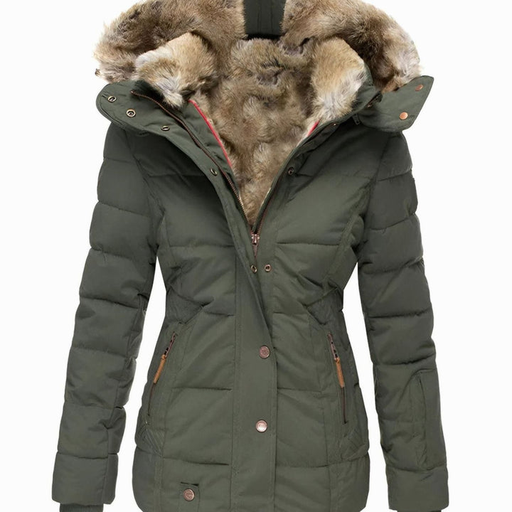 Damen Taillierte Steppjacke mit Kapuze Kunstfell-Besatz Winterjacke - Grün