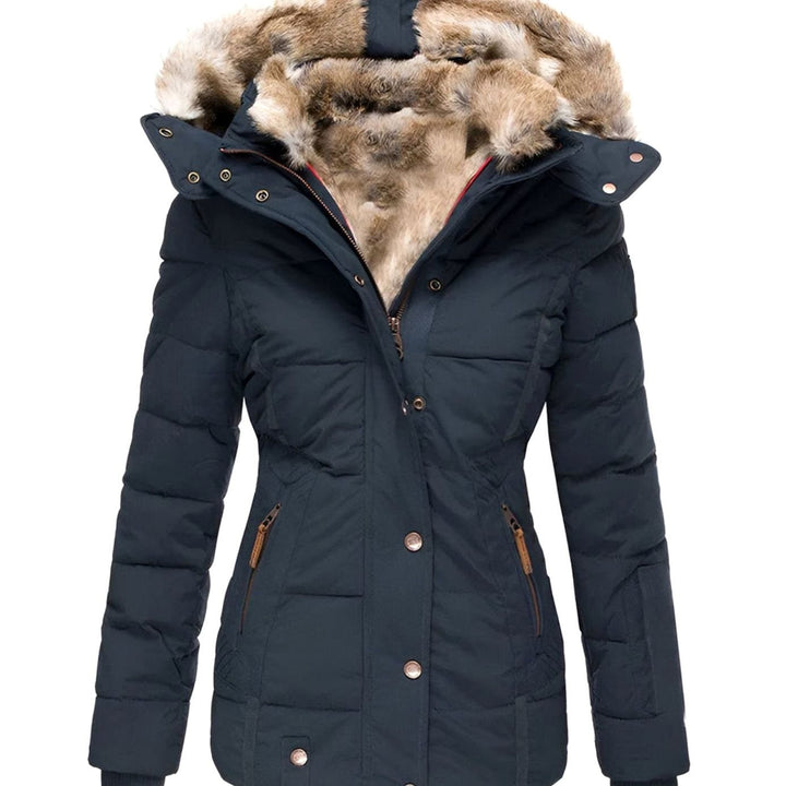 Damen Taillierte Steppjacke mit Kapuze Kunstfell-Besatz Winterjacke - Marineblau