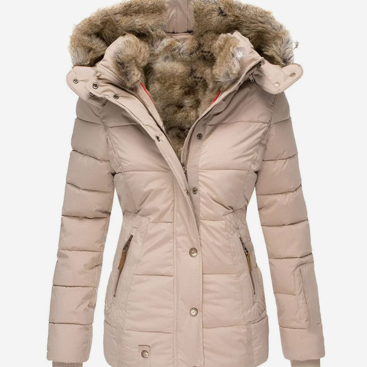 Damen Taillierte Steppjacke mit Kapuze Kunstfell-Besatz Winterjacke - Beige