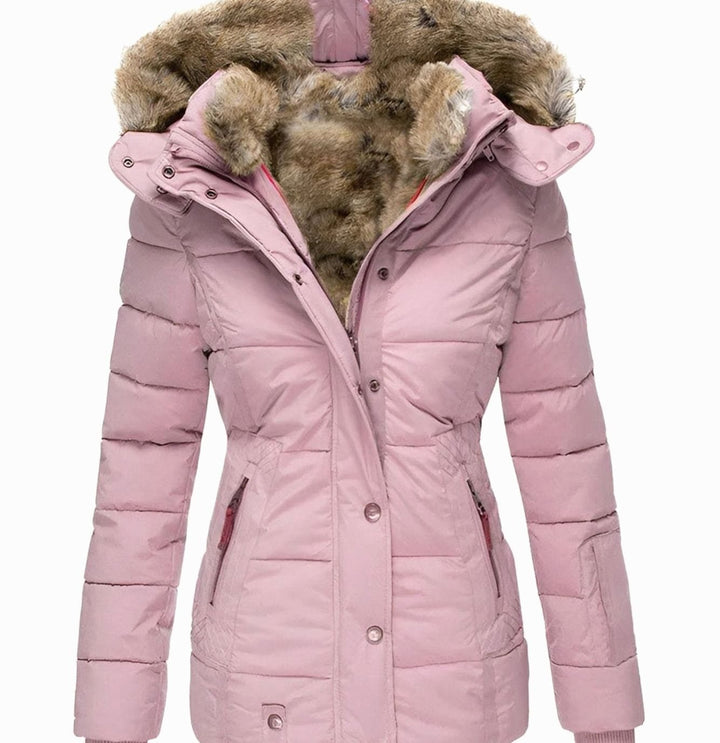 Damen Taillierte Steppjacke mit Kapuze Kunstfell-Besatz Winterjacke - Rosa