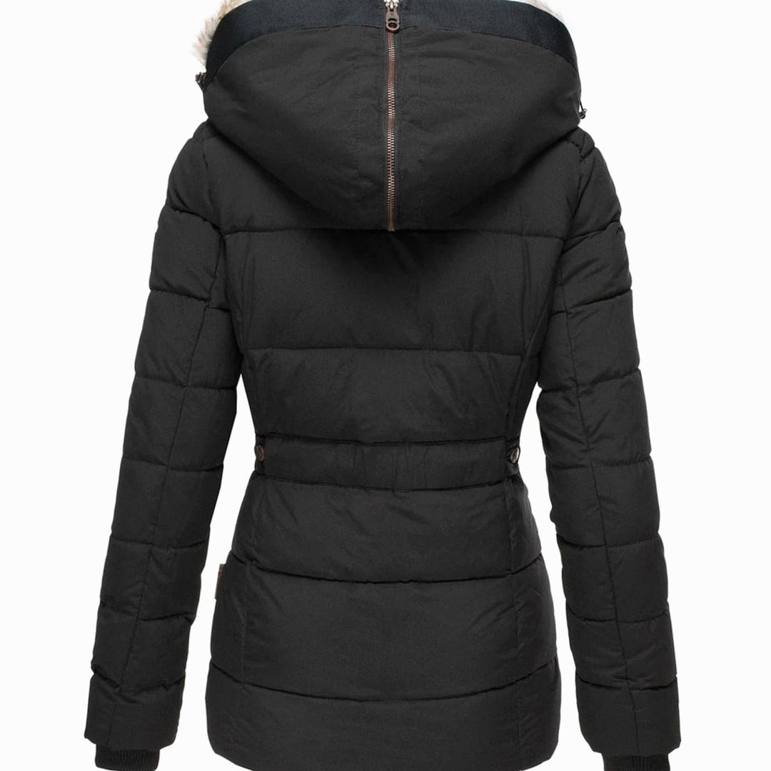 Damen Taillierte Steppjacke mit Kapuze Kunstfell-Besatz Winterjacke