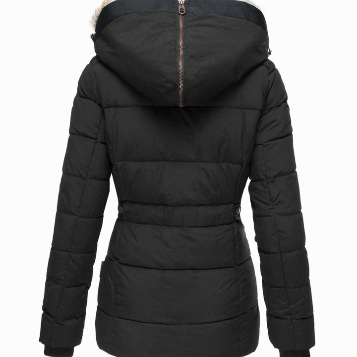 Damen Taillierte Steppjacke mit Kapuze Kunstfell-Besatz Winterjacke