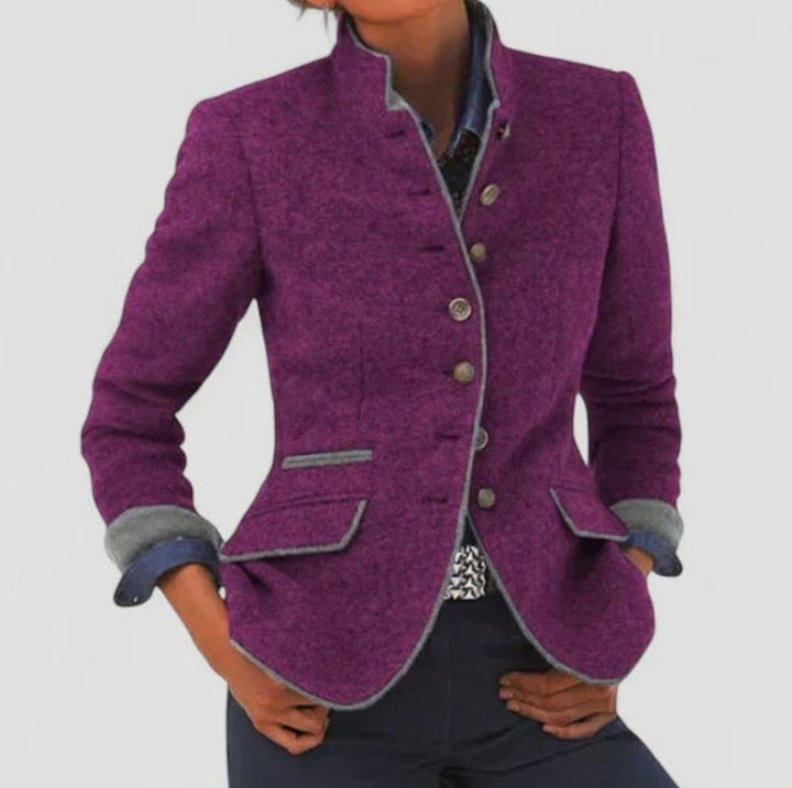 Damen Taillierter Blazer mit Knopfleiste Stehkragen Kontrastpaspel - Lila