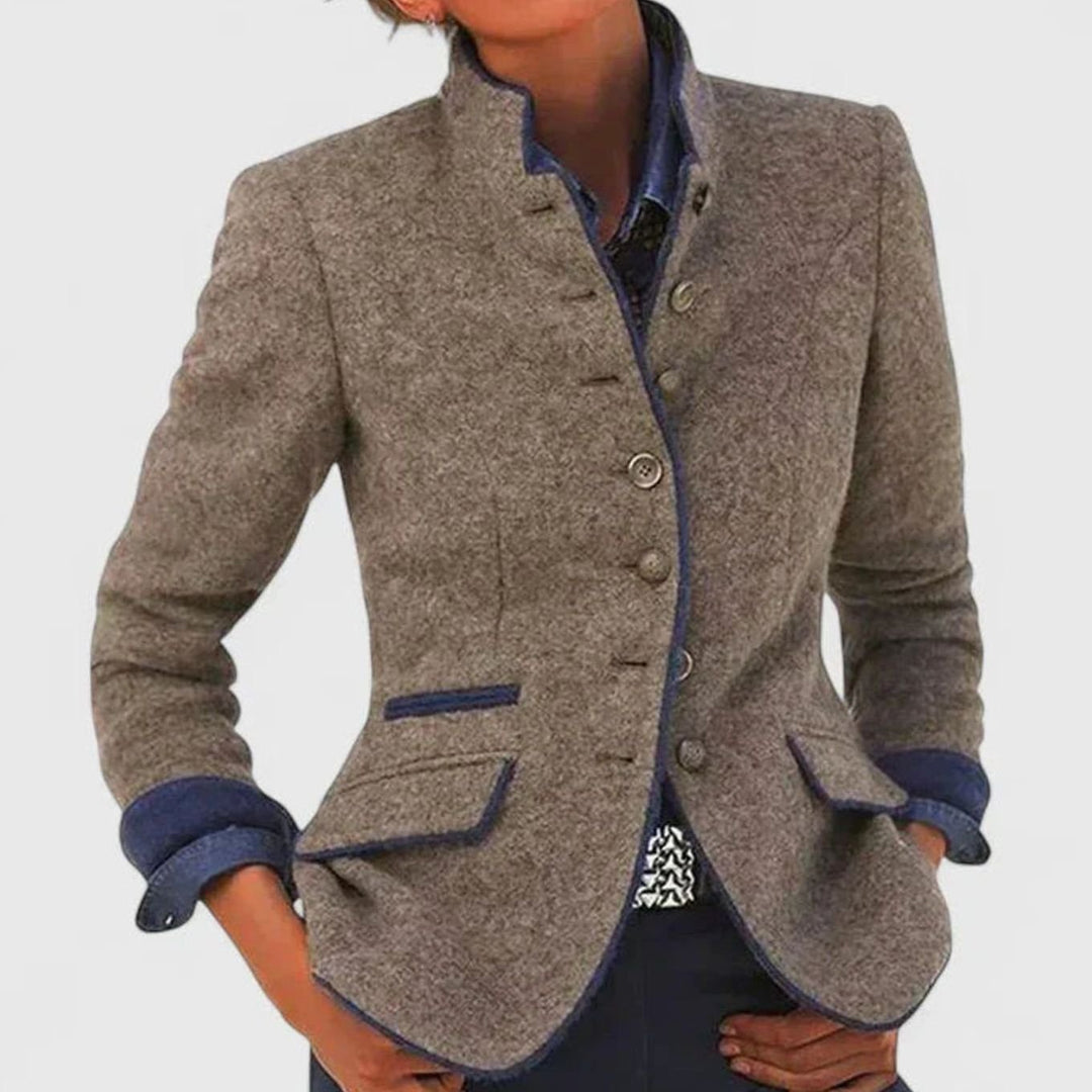 Damen Taillierter Blazer mit Knopfleiste Stehkragen Kontrastpaspel - Karamell