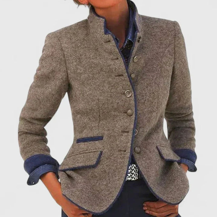 Damen Taillierter Blazer mit Knopfleiste Stehkragen Kontrastpaspel - Karamell