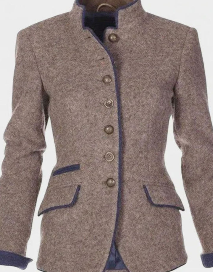 Damen Taillierter Blazer mit Knopfleiste Stehkragen Kontrastpaspel
