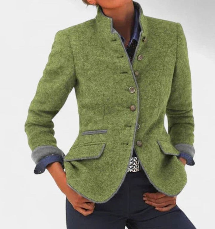 Damen Taillierter Blazer mit Knopfleiste Stehkragen Kontrastpaspel - Grün