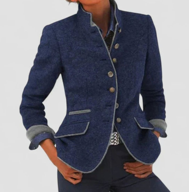 Damen Taillierter Blazer mit Knopfleiste Stehkragen Kontrastpaspel - Blau