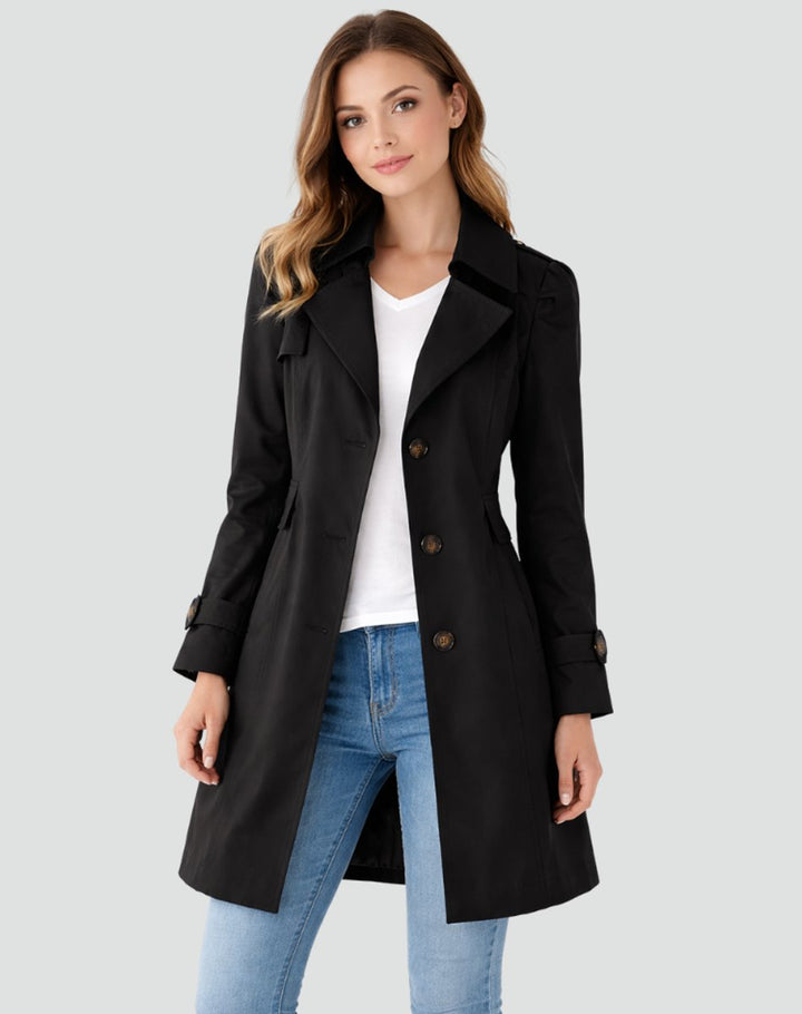 Damen Taillierter Midi Trench Coat Klassischer Revers - Schwarz