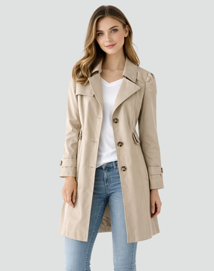 Damen Taillierter Midi Trench Coat Klassischer Revers - Khaki