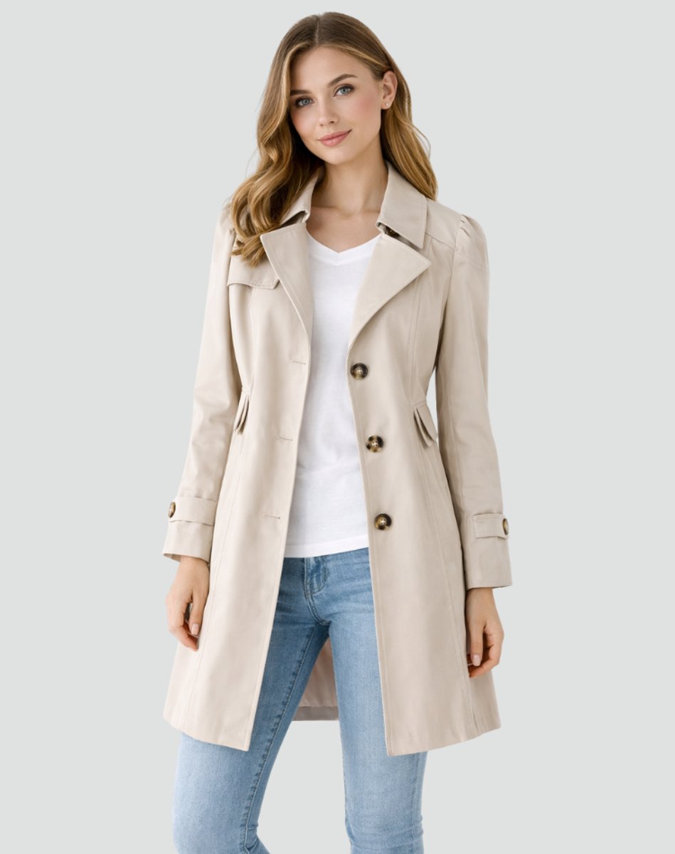 Damen Taillierter Midi Trench Coat Klassischer Revers - Beige